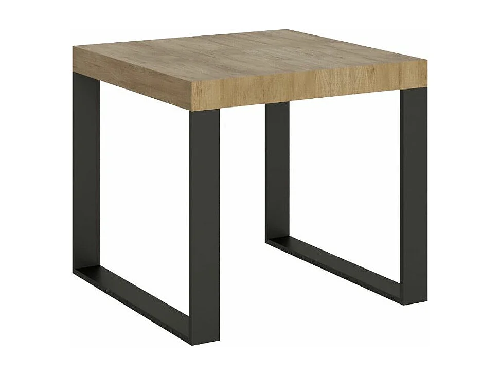 Kleine vierkante uitschuifbare tafel 90x90/246 cm Tiroz-Kleur Natuurlijk-Steun 4 voet-Verlengsnoeren 3 dikke extensies