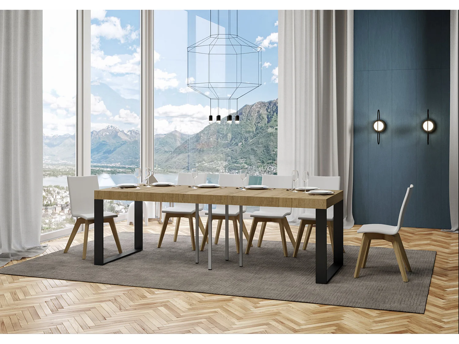 Kleine vierkante uitschuifbare tafel 90x90/246 cm Tiroz-Kleur Natuurlijk-Steun 4 voet-Verlengsnoeren 3 dikke extensies