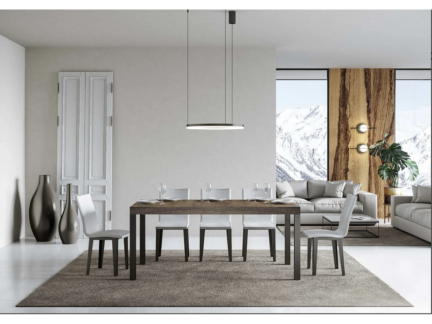 Mesa de comedor extensible Karry-Color Marrón-Base y soporte con ruedas-Ancho extensible