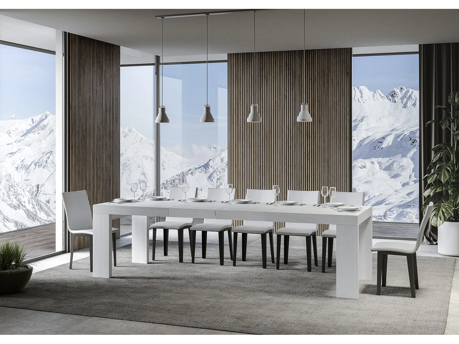 Table à manger extensible bois Ribo-Couleur Blanc-4 pieds-2 rallonges épaisses-160 à 264cm