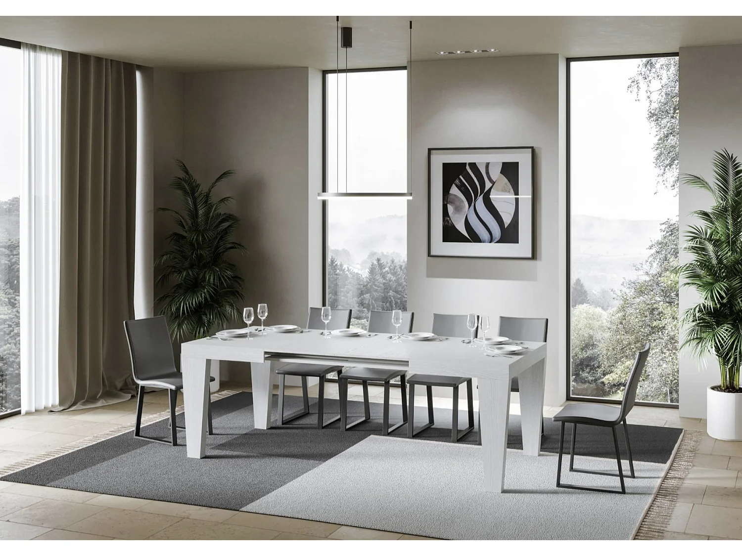 Kristo uitschuifbare houten V-poot eettafel-Kleur Wit-Steun 4 voet-Verlengsnoeren -Uitschuifbare breedte