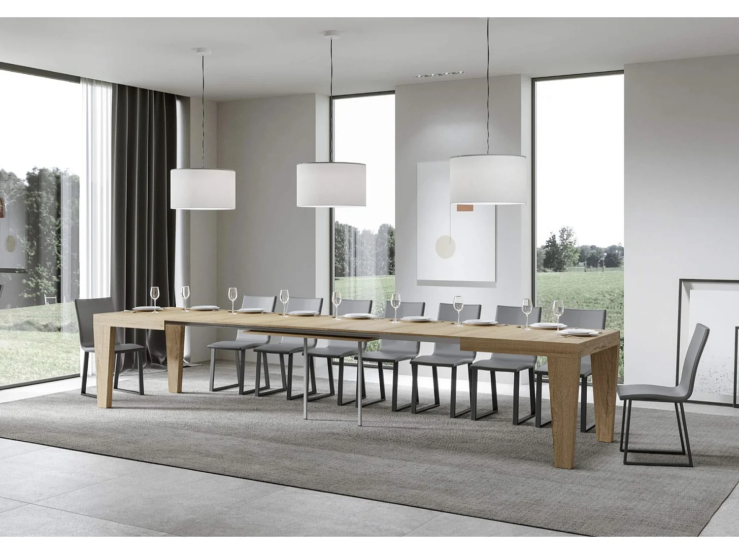 Table à manger extensible bois pieds en V Kristo-Couleur Naturel-Sur roulettes-5 rallonges fines-130 à 390cm