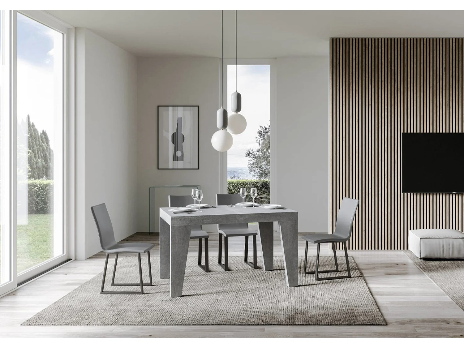 Table à manger extensible bois Naxo-Couleur Gris ciment-4 pieds-2 rallonges épaisses-120 à 224cm