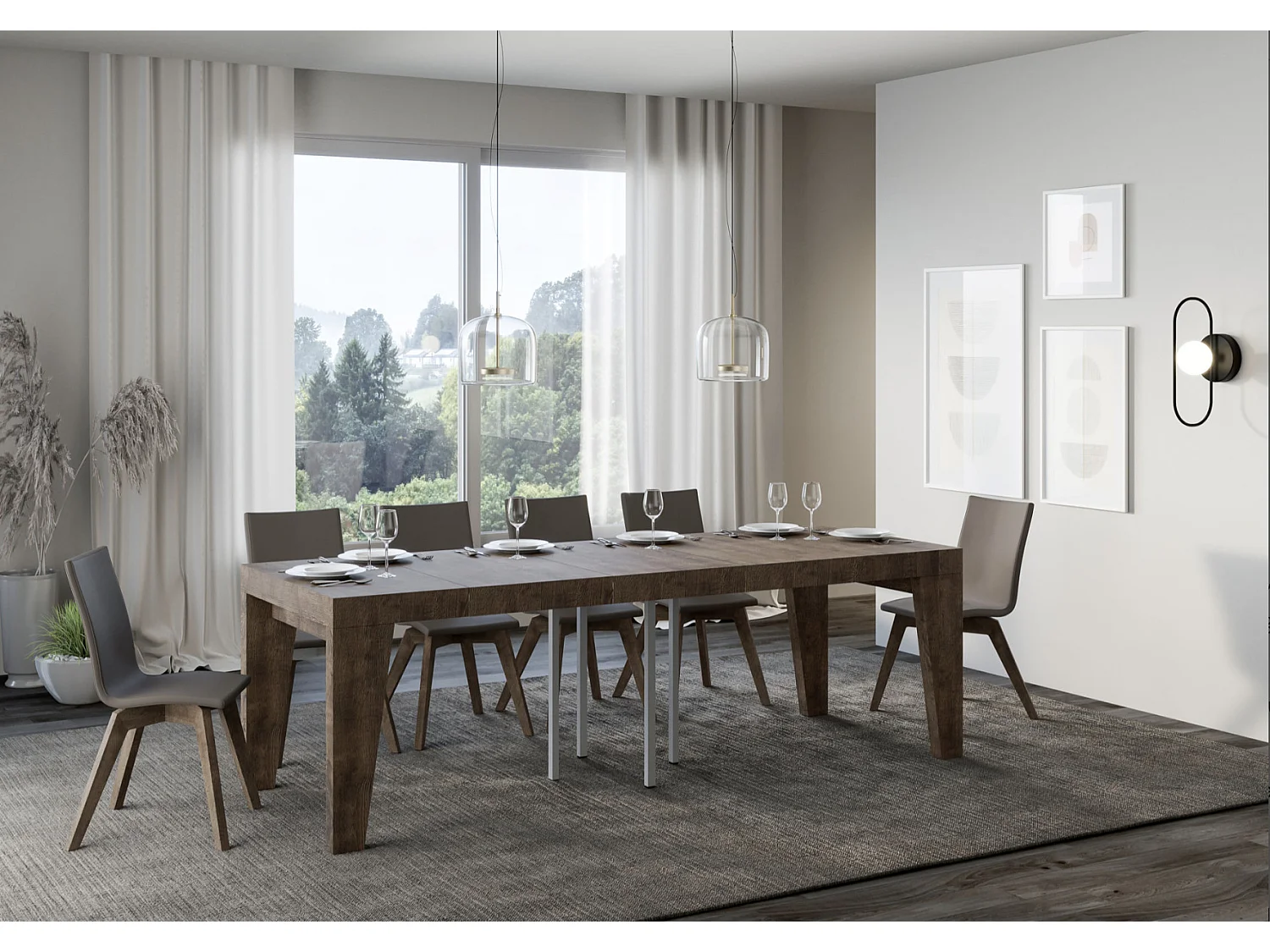 Petite table carrée extensible 90x90-246 Naxo-Couleur Marron-4 pieds-3 rallonges épaisses