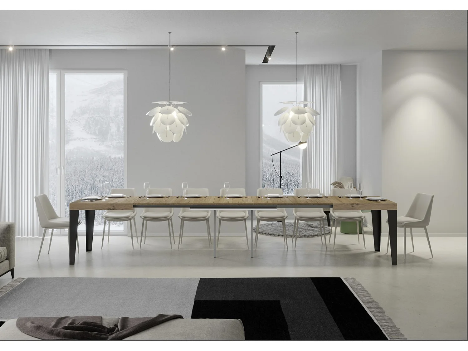 Mesa de comedor extensible Flavio-Color Natural-Soporte 4 pies-5 alargaderas finas-Ancho extensible