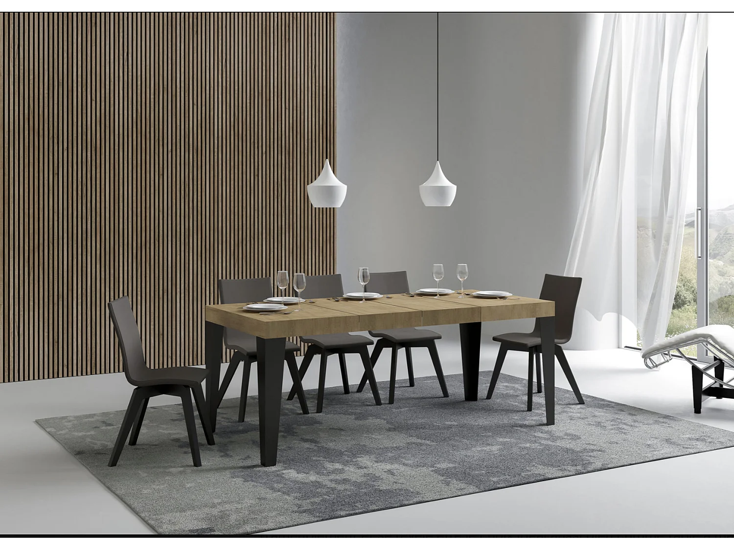 Table à manger extensible Flavio-Couleur Gris ciment-4 pieds-2 rallonges épaisses-180 à 284cm