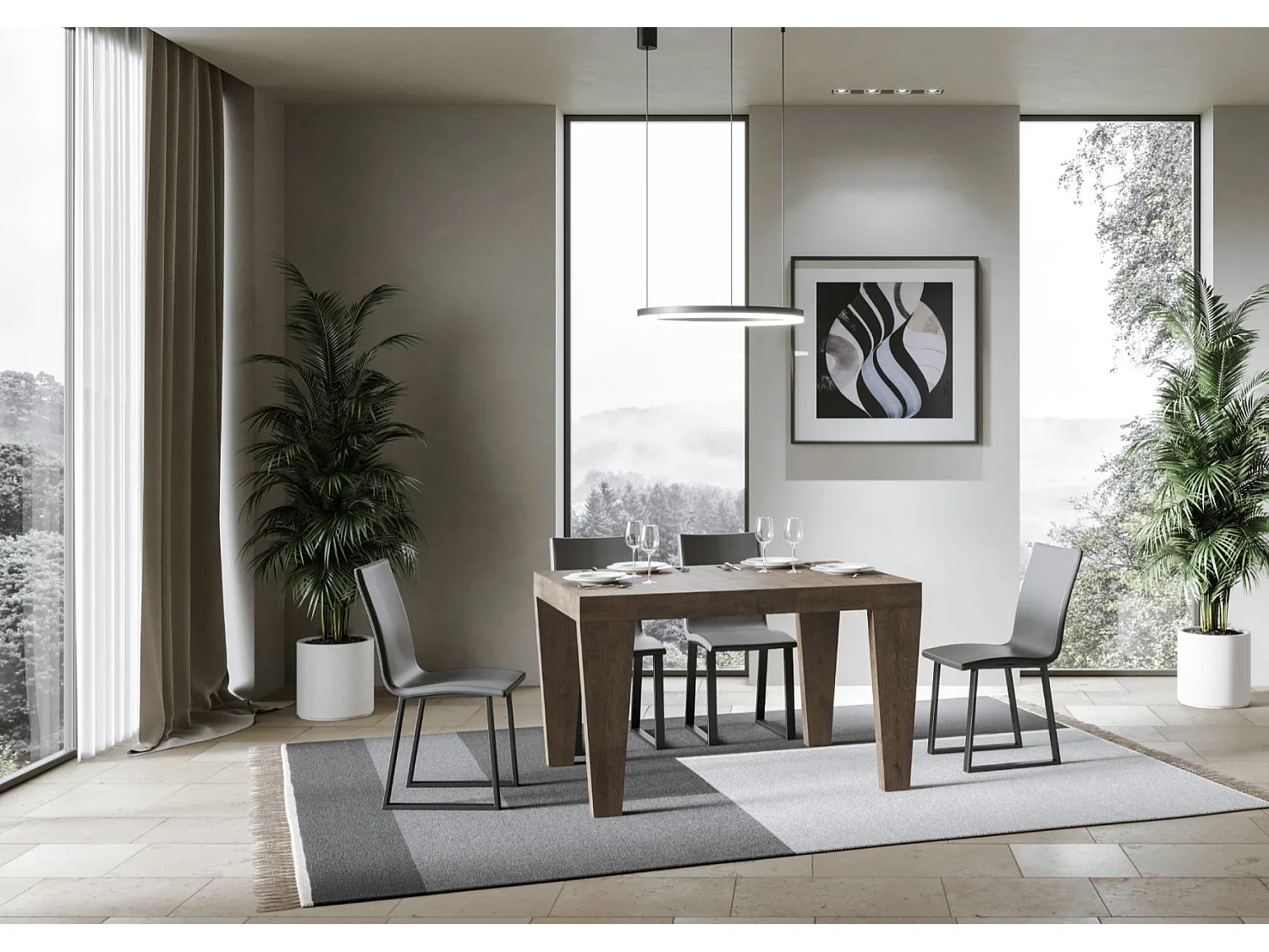 Mesa de comedor extensible de madera Kristo patas en V-Color Marrón-Base y soporte con ruedas-Alargaderas -Ancho extensible