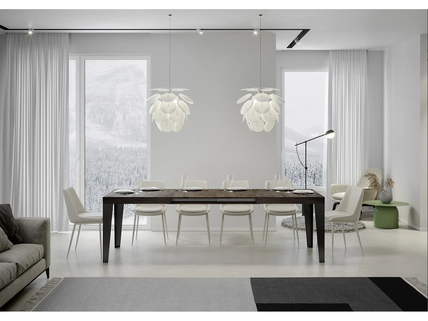 Flavio uitschuifbare eettafel-Kleur Bruin-Voet en steun op zwenkwielen-Verlengsnoeren 5 dunne verlengingen-Uitschuifbare breedte