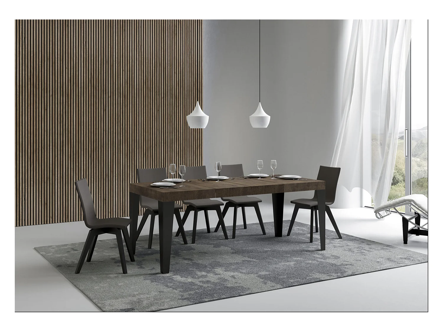 Table à manger extensible Flavio-Couleur Marron-4 pieds-2 rallonges épaisses-130 à 234cm