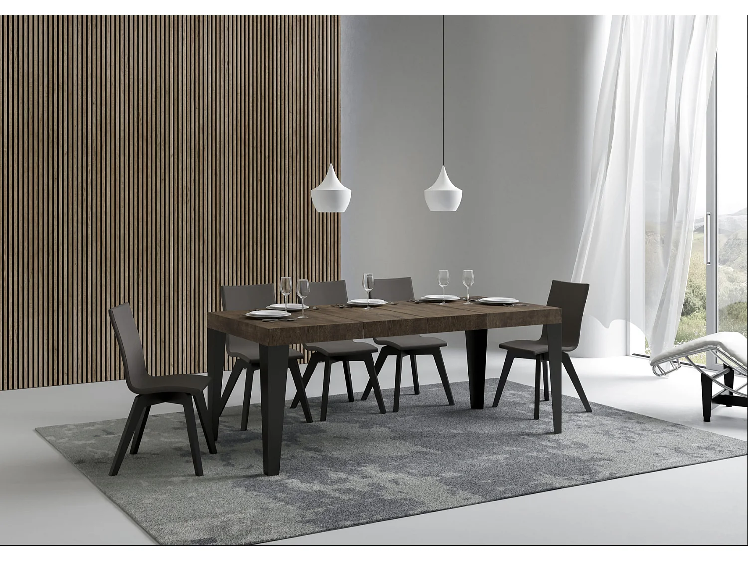 Table à manger extensible Flavio-Couleur Marron-4 pieds-2 rallonges épaisses-130 à 234cm