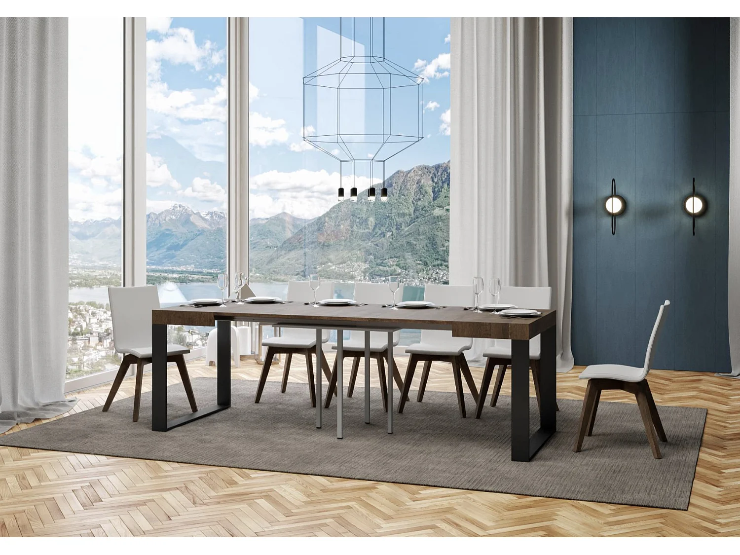 Mesa extensible cuadrada pequeña 90x90/246 cm Tiroz-Color Gris cemento-Soporte 4 pies-3 alargaderas gruesas