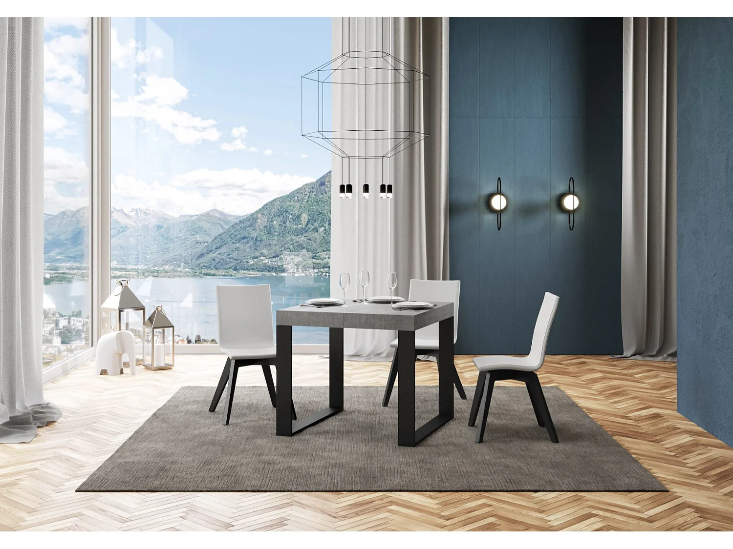 Kleine vierkante uitschuifbare tafel 90x90/246 cm Tiroz-Kleur Cementgrijs-Steun 4 voet-Verlengsnoeren 3 dikke extensies