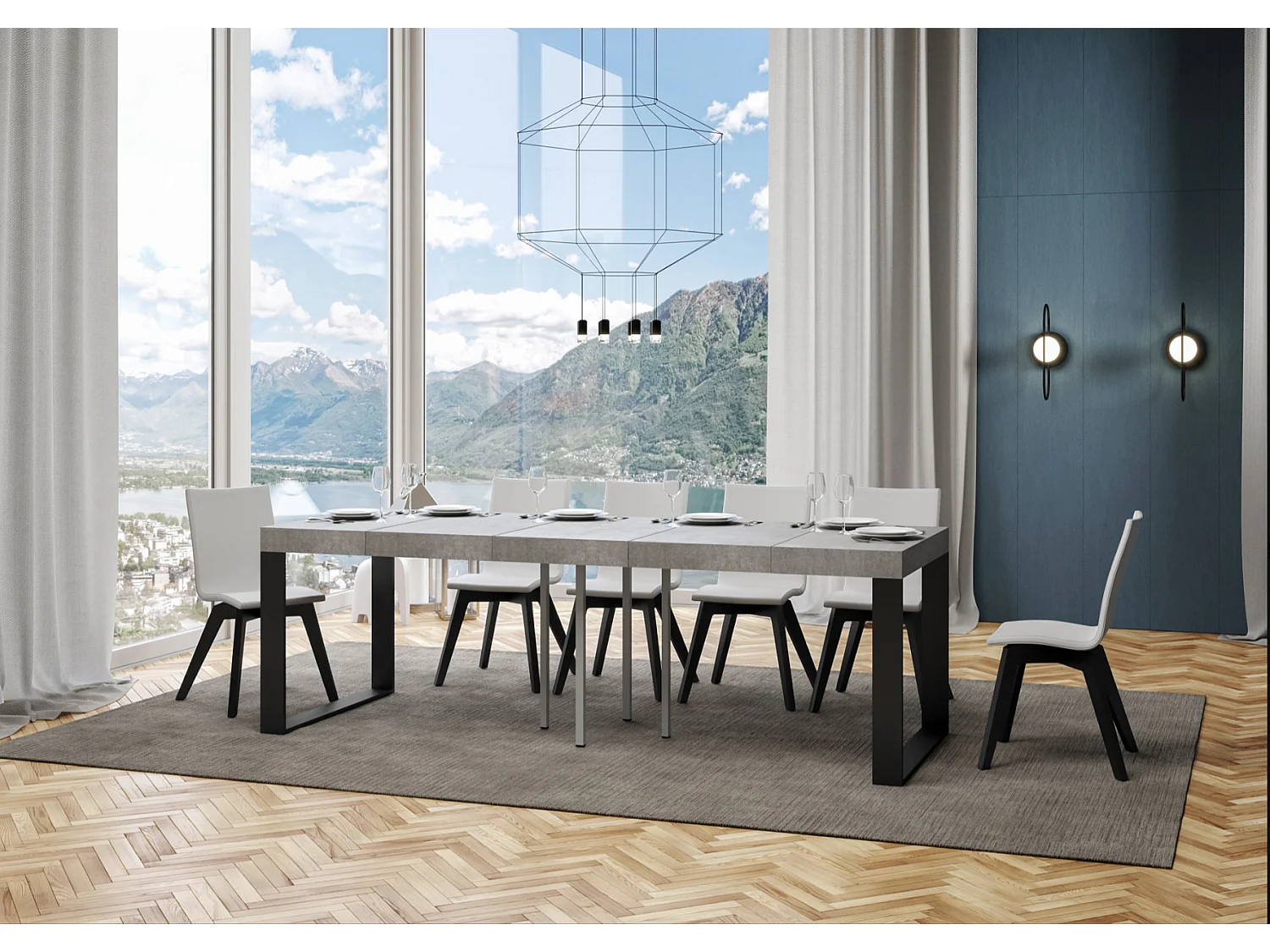 Kleine vierkante uitschuifbare tafel 90x90/246 cm Tiroz-Kleur Cementgrijs-Steun 4 voet-Verlengsnoeren 3 dikke extensies