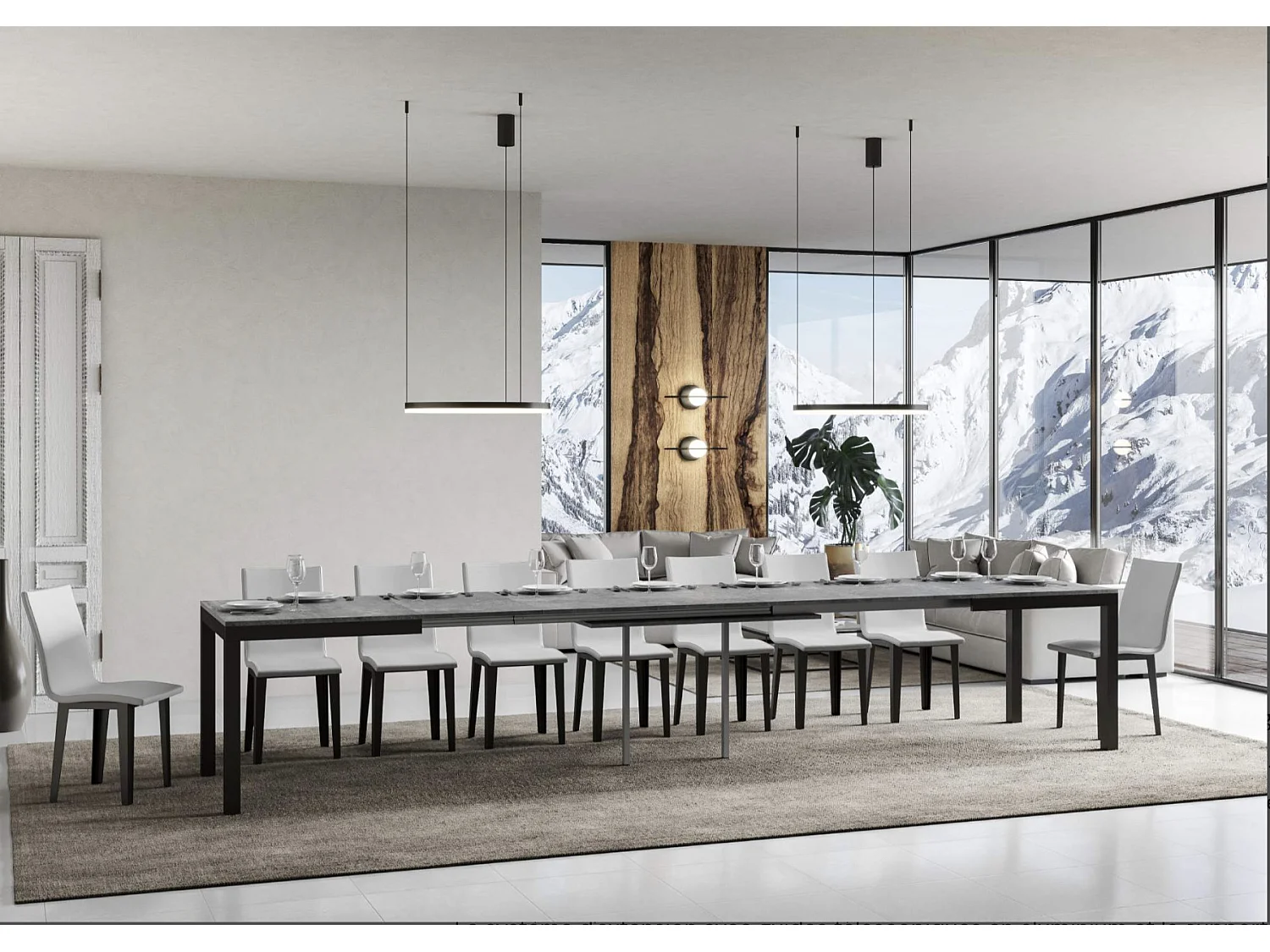 Mesa de comedor extensible Karry evolución-Color Gris cemento-Base y soporte con ruedas-Ancho extensible