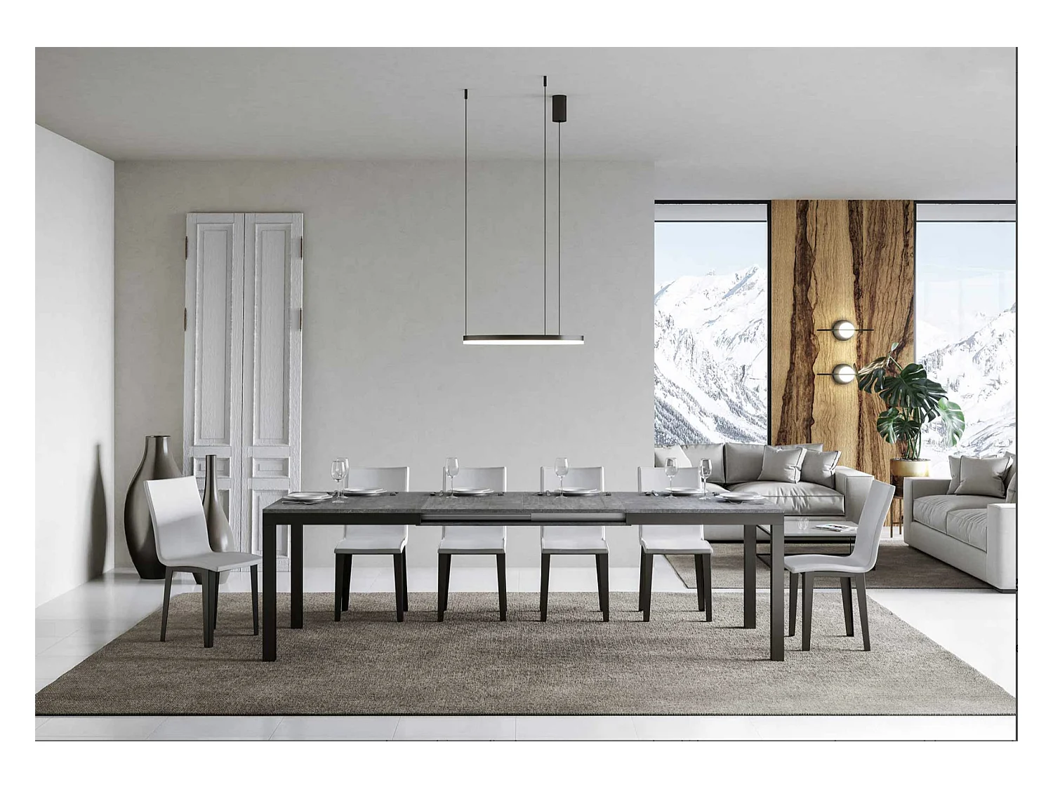 Table à manger extensible Karry evolution-Couleur Gris ciment-Sur roulettes-120 à 380cm