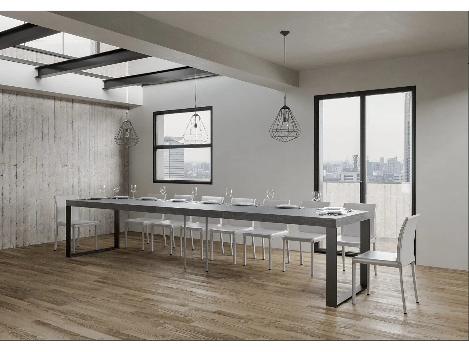 Mesa de comedor extensible tiroz-Color Gris cemento-Soporte 4 pies-5 alargaderas gruesas-Ancho extensible