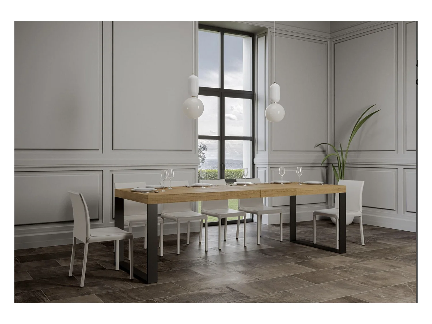 Mesa de comedor extensible tiroz-Color Gris cemento-Soporte 4 pies-5 alargaderas gruesas-Ancho extensible