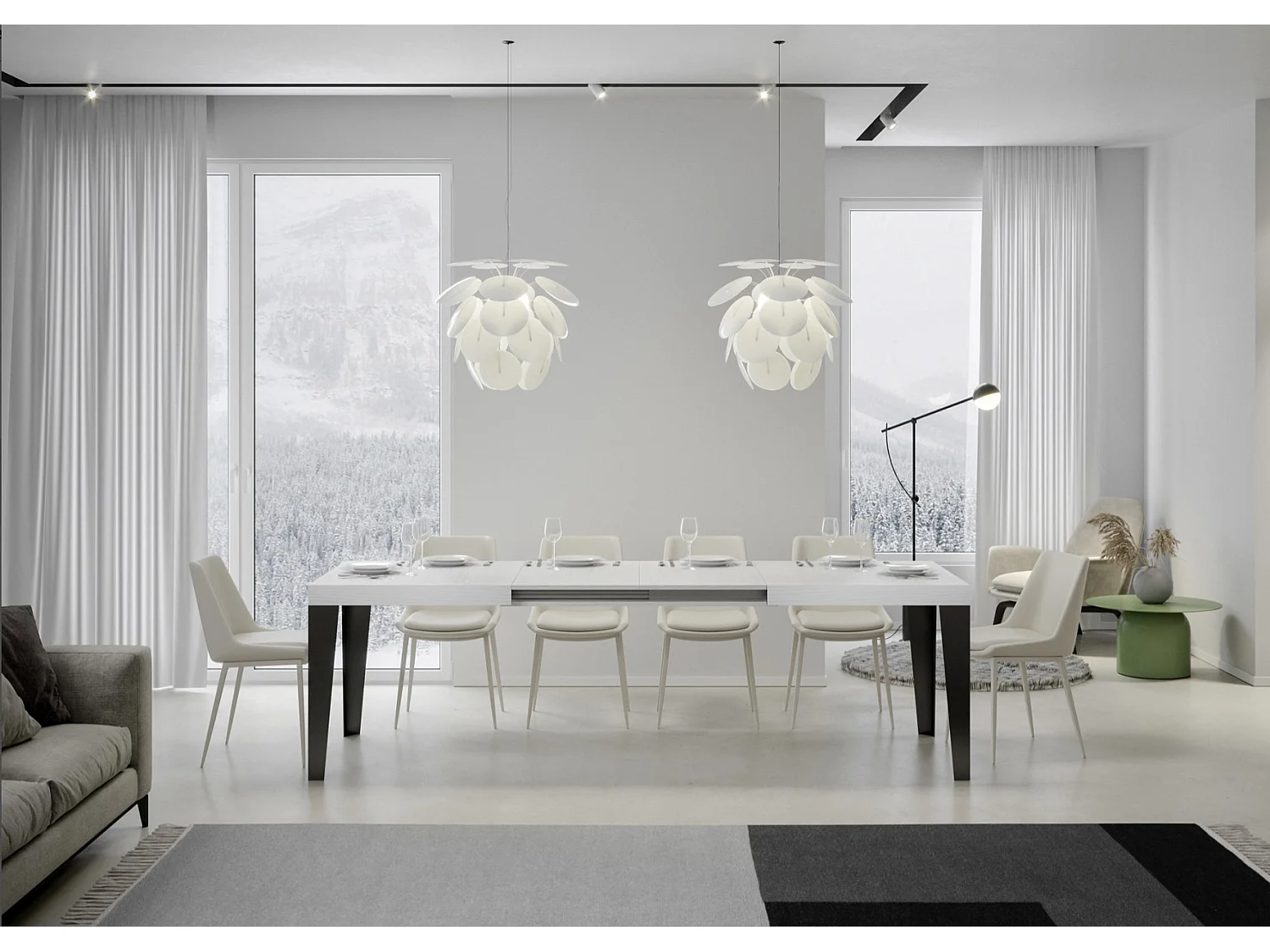 Mesa de comedor extensible Flavio-Color Blanco-Soporte 4 pies-5 alargaderas finas-Ancho extensible