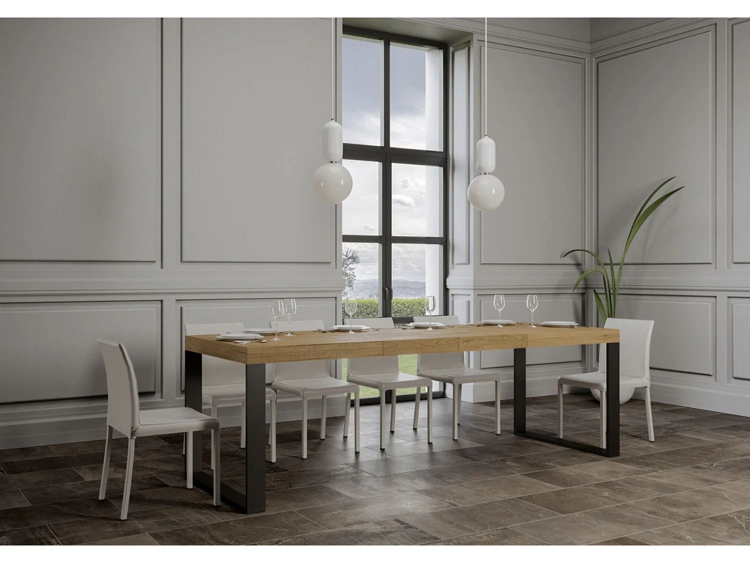 Table à manger extensible Tiroz-Couleur Naturel-4 pieds-2 rallonges épaisses-160 à 264cm