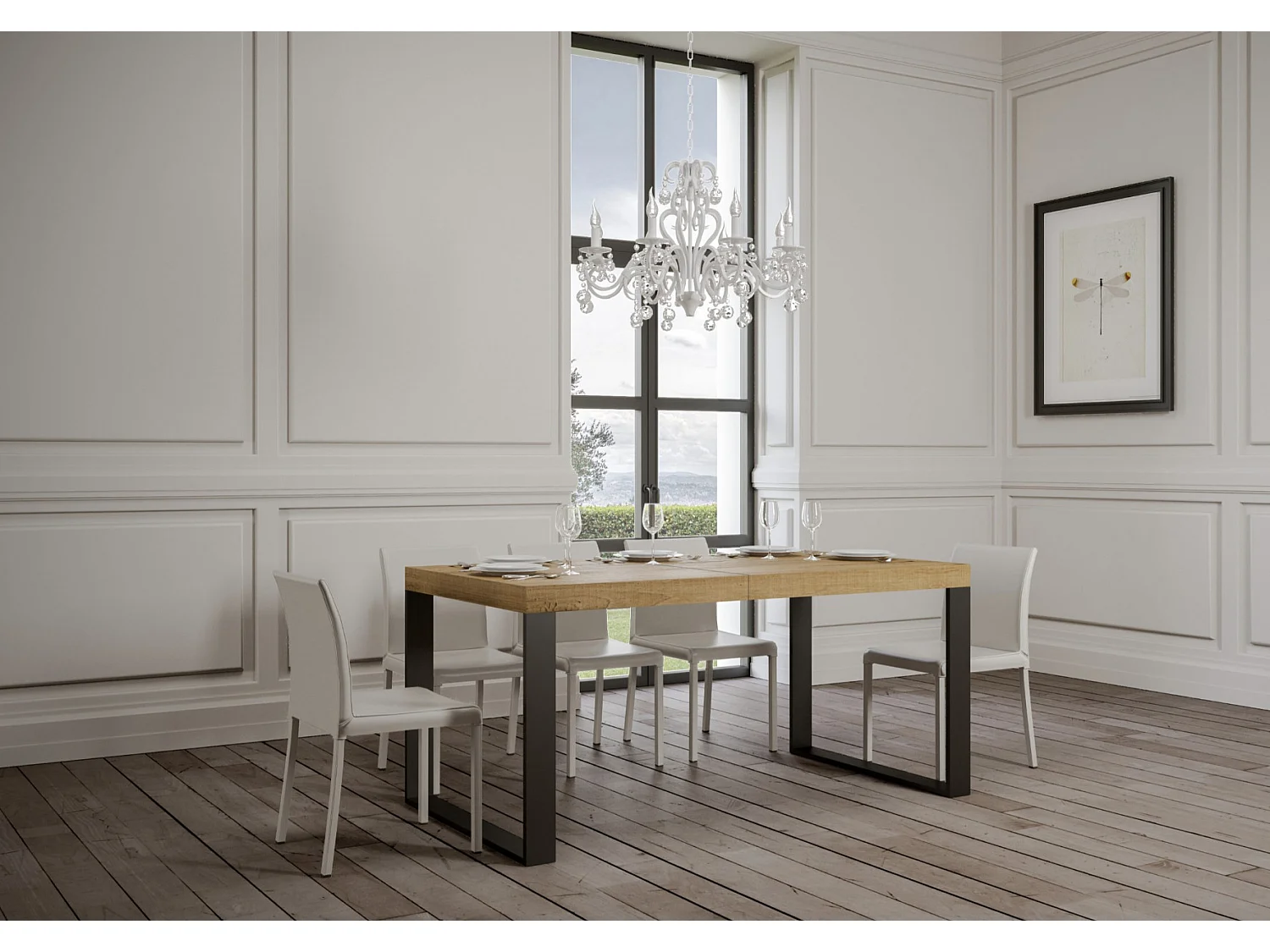 Table à manger extensible Tiroz-Couleur Naturel-4 pieds-2 rallonges épaisses-160 à 264cm