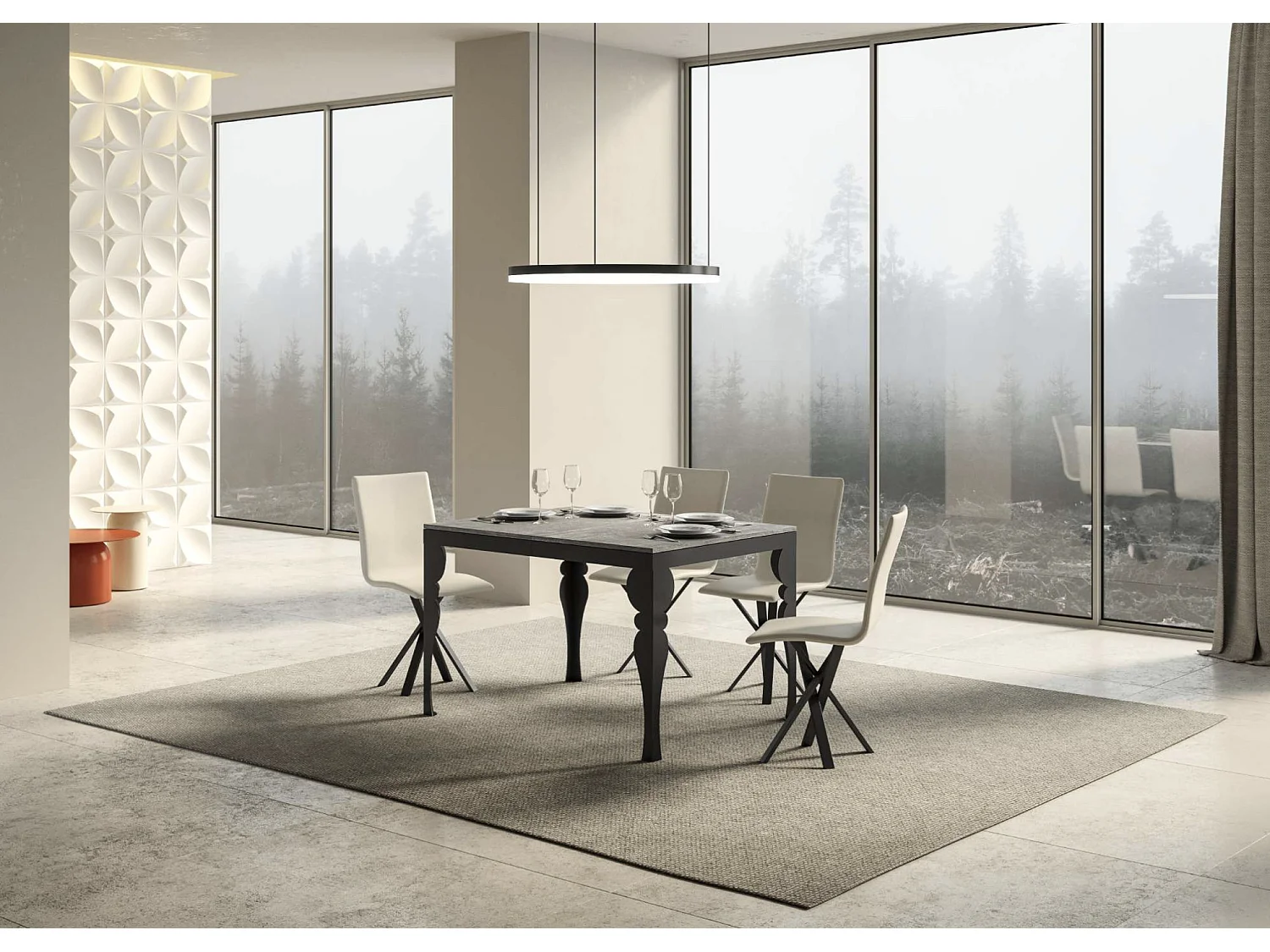 Mesa extensible con patas de acero antracita, estilo oriental Torza evolución-Color Gris cemento-Soporte 4 pies-Ancho extensible