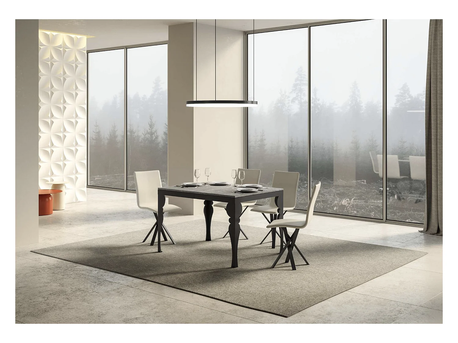 Uitschuifbare tafel met antraciet stalen poten, Torza evolution in oosterse stijl-Kleur Cementgrijs-Steun 4 voet-Uitschuifbare breedte