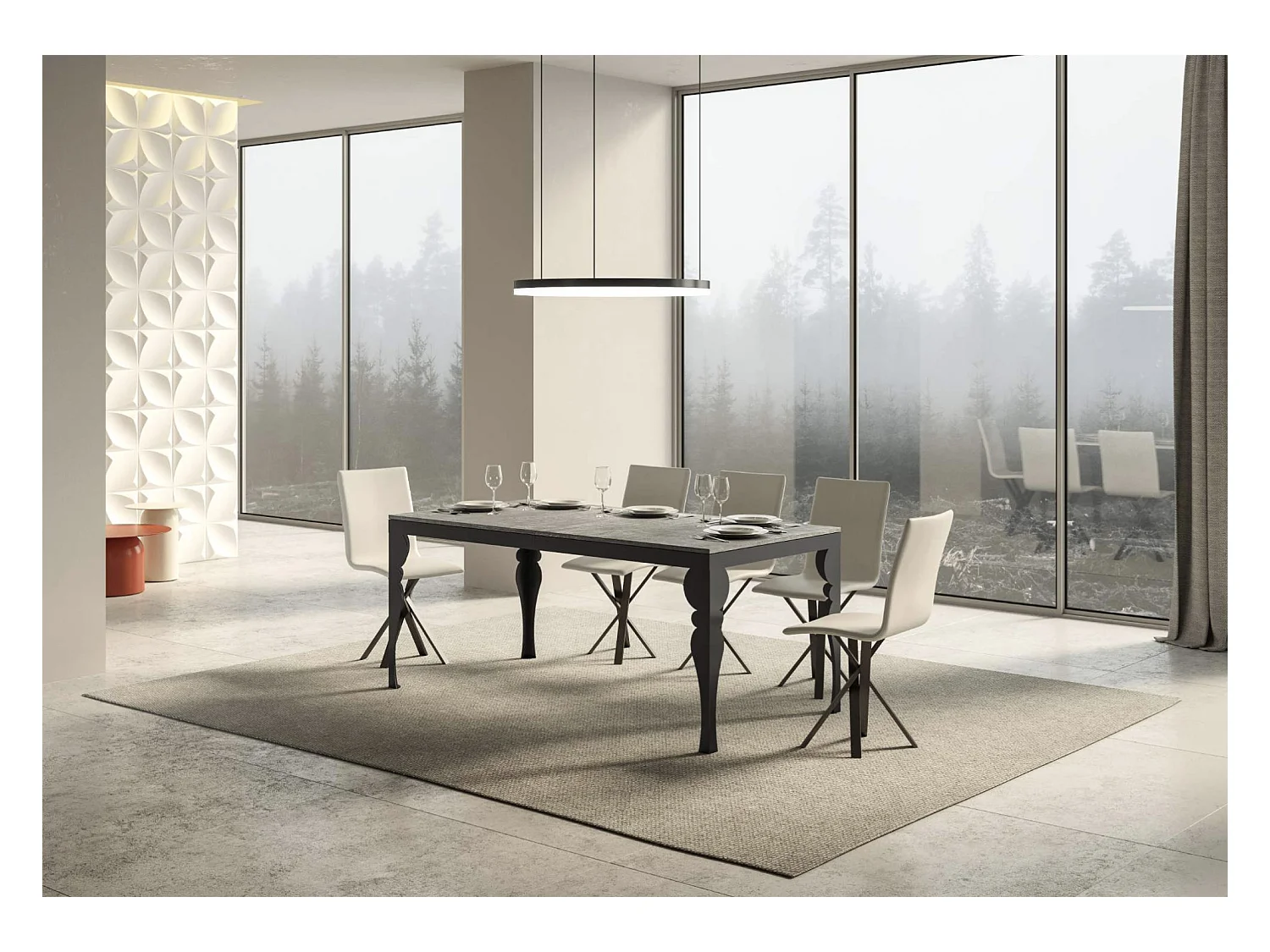 Uitschuifbare tafel met antraciet stalen poten, Torza evolution in oosterse stijl-Kleur Cementgrijs-Steun 4 voet-Uitschuifbare breedte