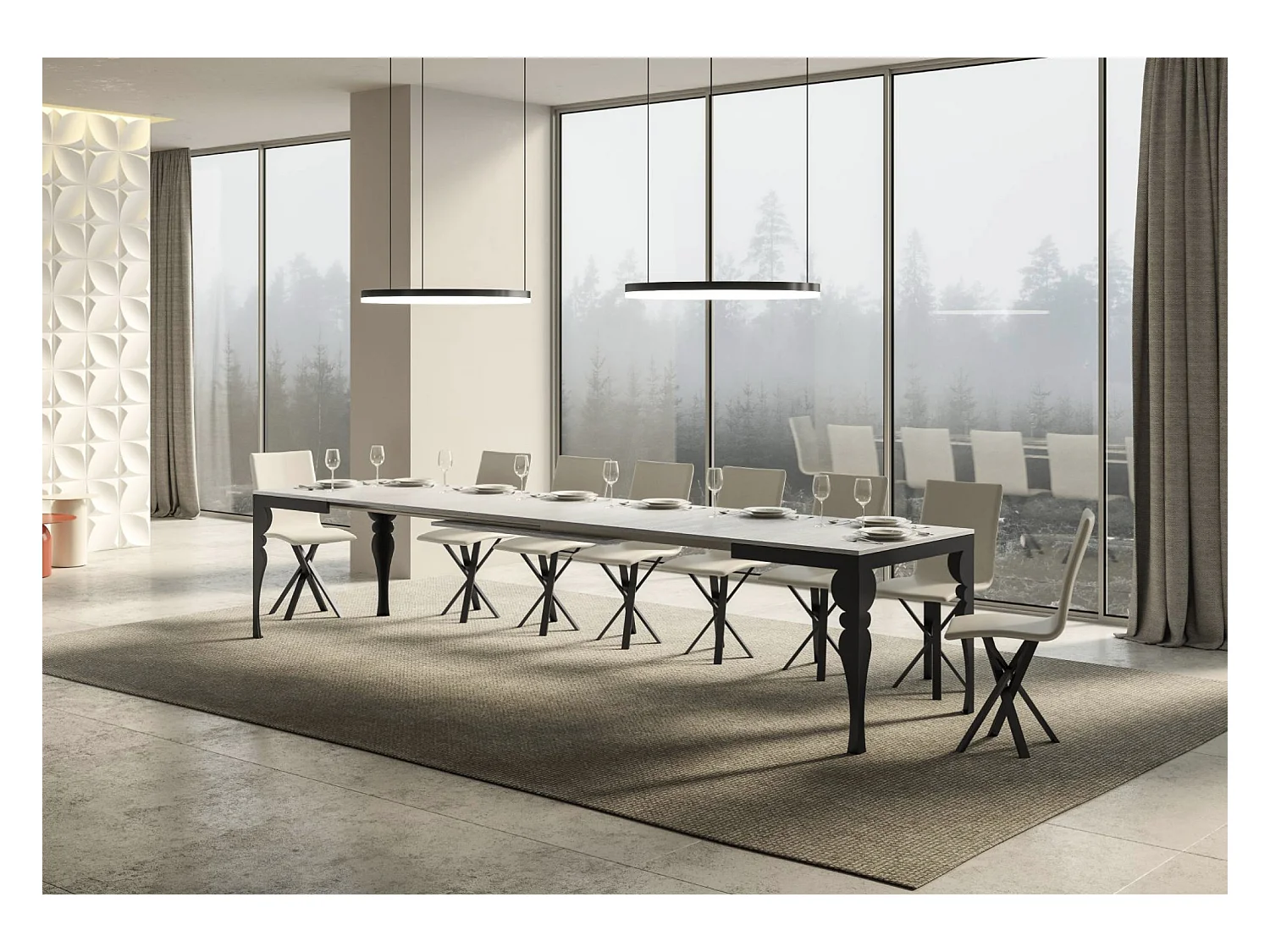 Uitschuifbare tafel met antraciet stalen poten, Torza evolution in oosterse stijl-Kleur Cementgrijs-Steun 4 voet-Uitschuifbare breedte