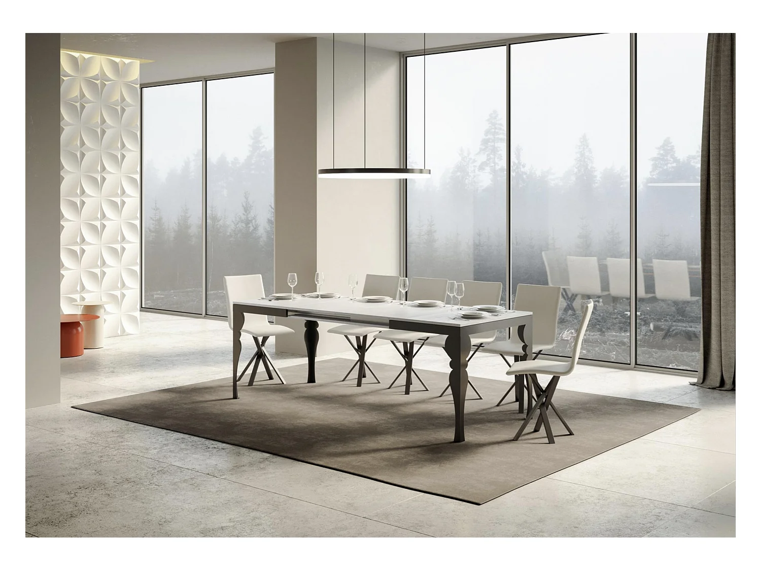 Uitschuifbare tafel met antraciet stalen poten, Torza evolution in oosterse stijl-Kleur Cementgrijs-Steun 4 voet-Uitschuifbare breedte
