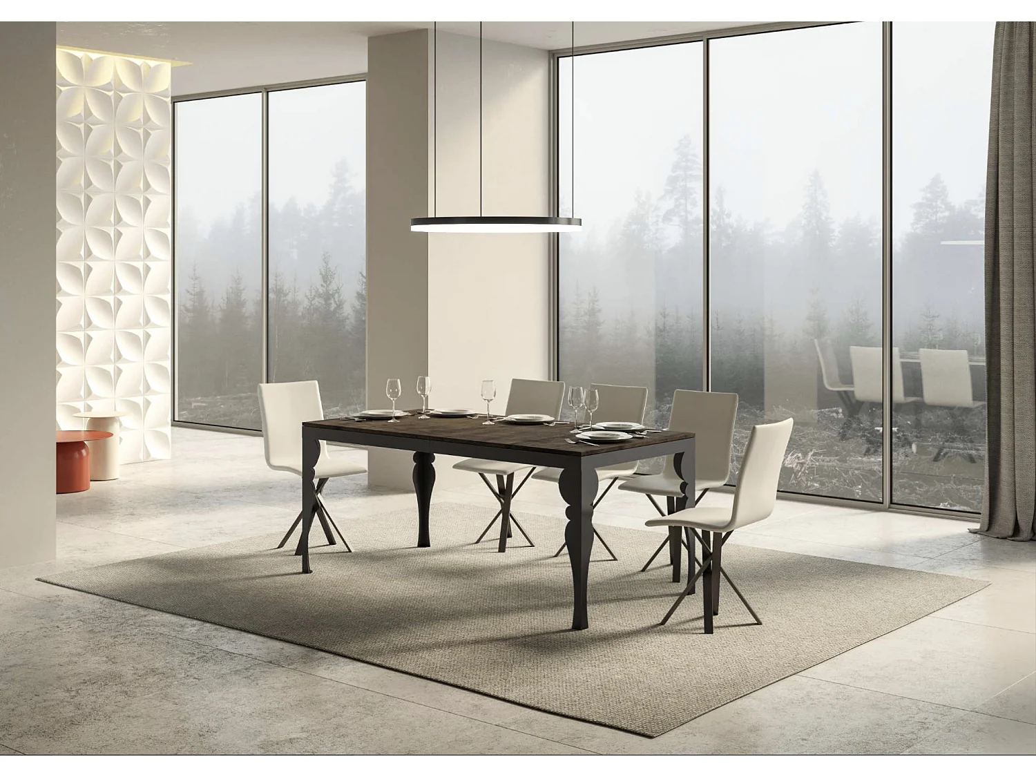 Uitschuifbare tafel met antraciet stalen poten, Torza evolution in oosterse stijl-Kleur Bruin-Steun 4 voet-Uitschuifbare breedte