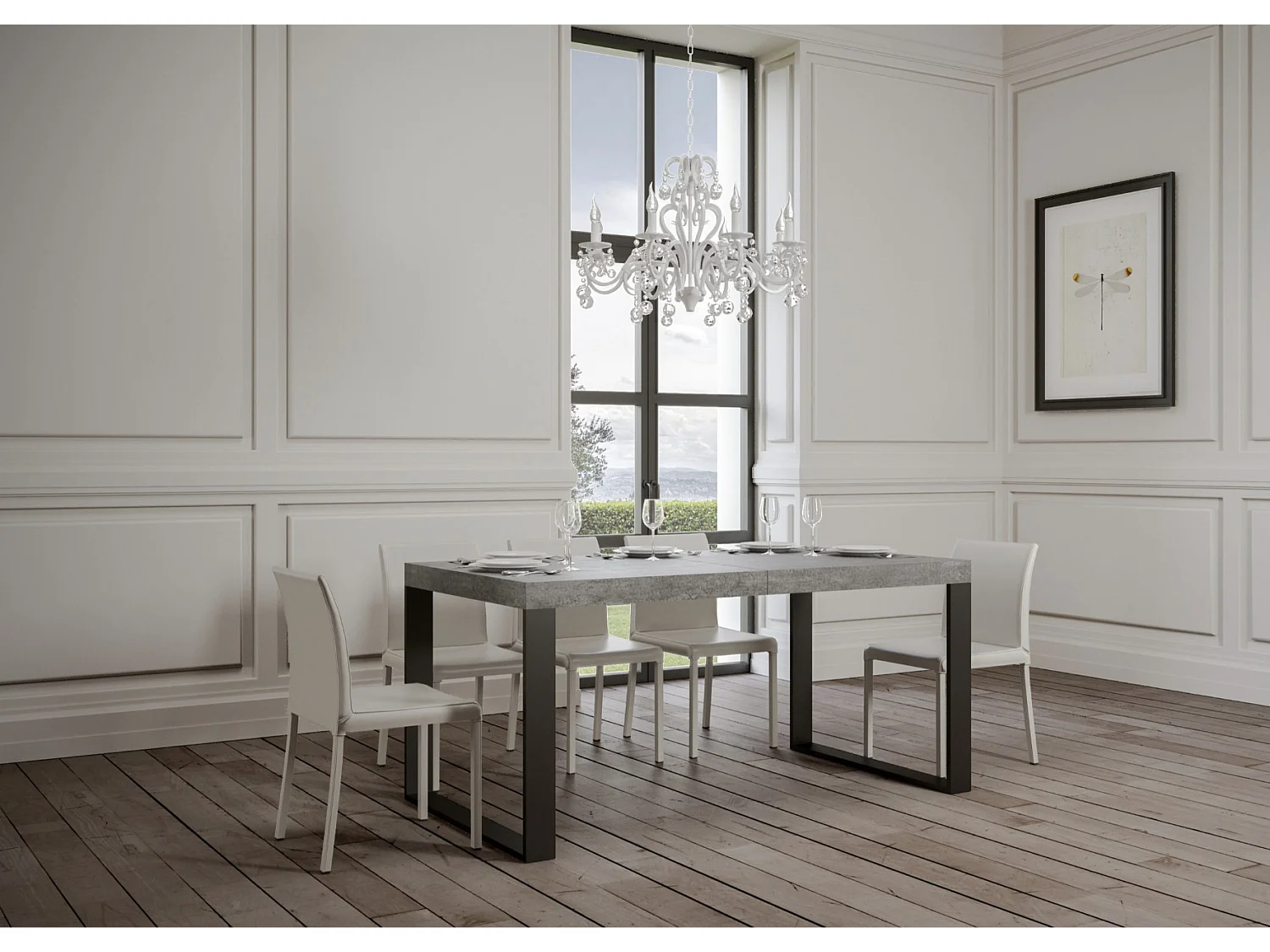 Table à manger extensible Tiroz-Couleur Gris ciment-Sur roulettes-2 rallonges fines-130 à 234cm