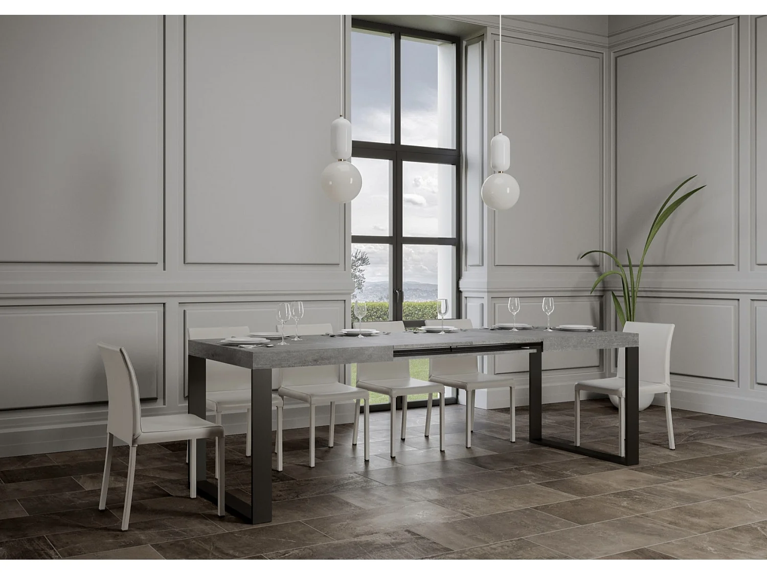 Tiroz uitschuifbare eettafel-Kleur Cementgrijs-Voet en steun op zwenkwielen-Verlengsnoeren -Uitschuifbare breedte