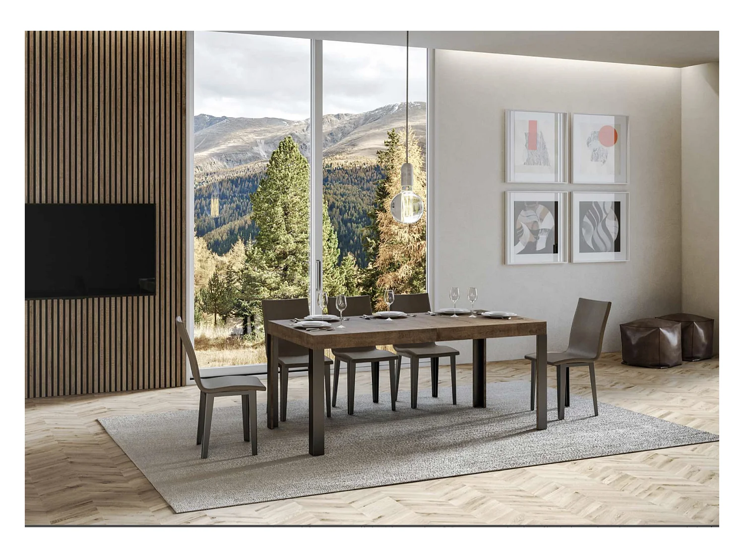 Table extensible bois pieds bois et acier anthracite Liva-Couleur Marron-4 pieds-180 à 284cm