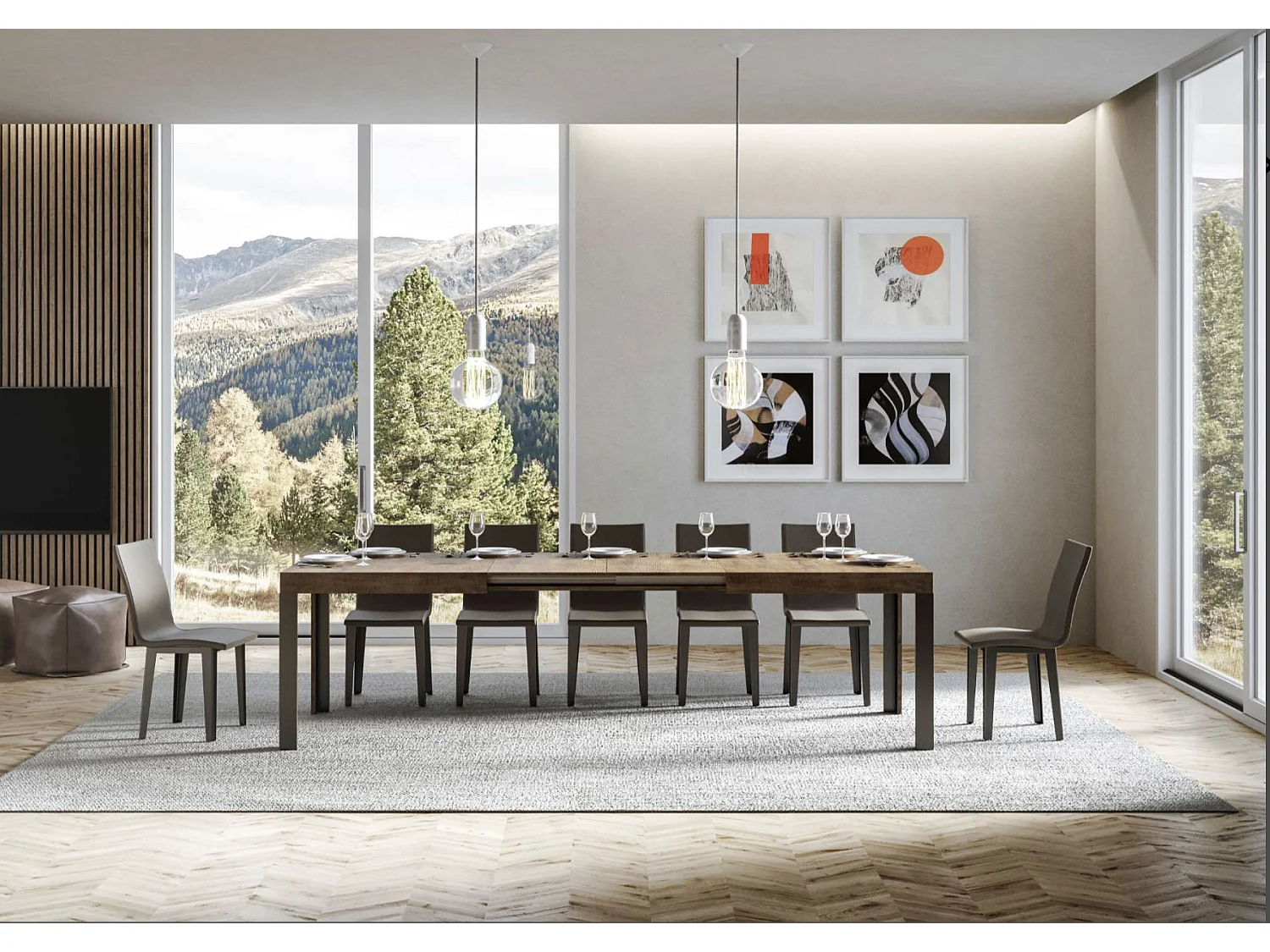 Uitschuifbare houten tafel met 4 houten poten en antraciet stalen Liva-Kleur Bruin-Steun 4 voet-Uitschuifbare breedte
