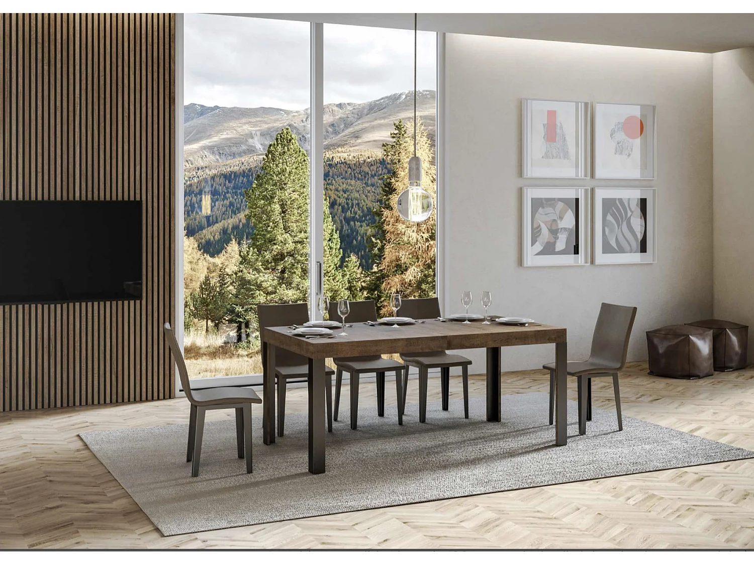 Uitschuifbare houten tafel met 4 houten poten en antraciet stalen Liva-Kleur Bruin-Steun 4 voet-Uitschuifbare breedte