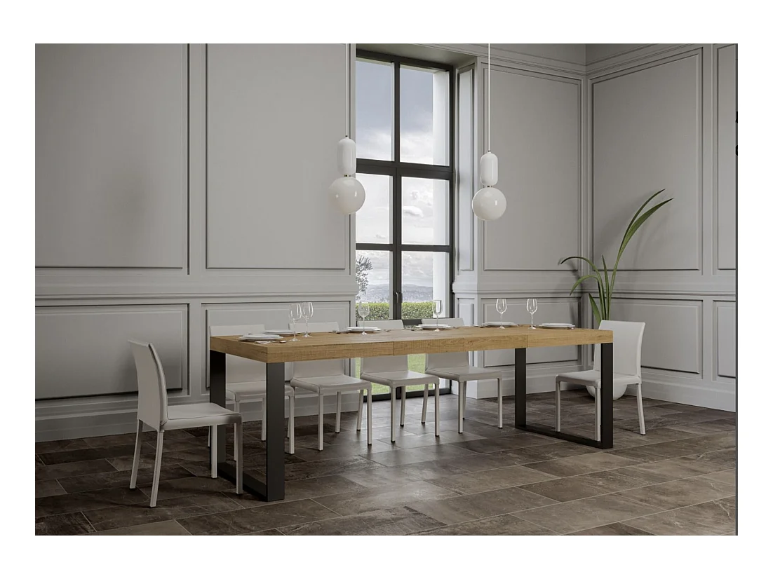 Table à manger extensible Tiroz-Couleur Marron-Sur roulettes-5 rallonges fines-130 à 390cm