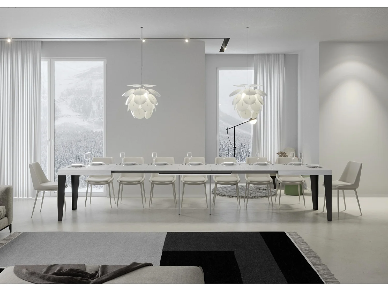 Mesa de comedor extensible Flavio-Color Blanco-Soporte 4 pies-5 alargaderas finas-Ancho extensible