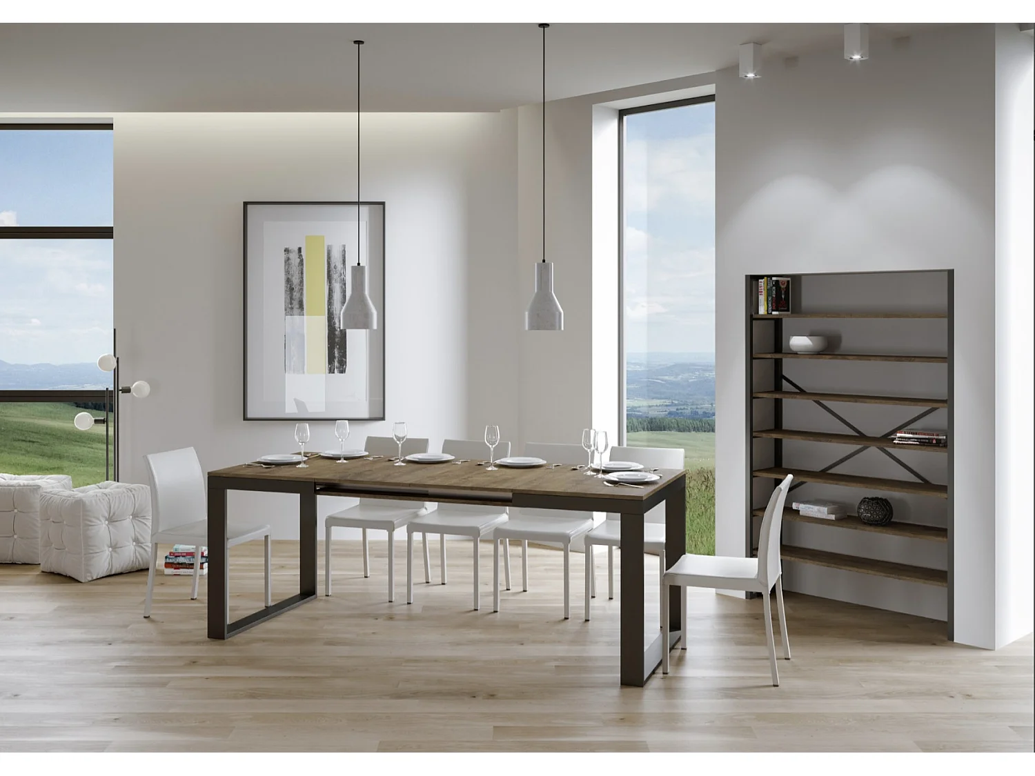 Table à manger extensible Tiroz-Couleur Marron-Sur roulettes-2 rallonges fines-180 à 284cm