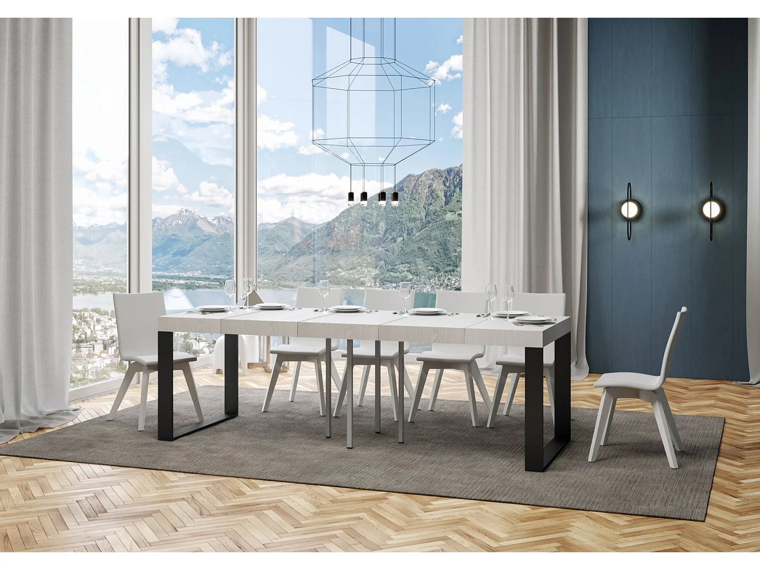 Petite table carrée extensible 90x90-246 Tiroz-Couleur Blanc-4 pieds-3 rallonges épaisses