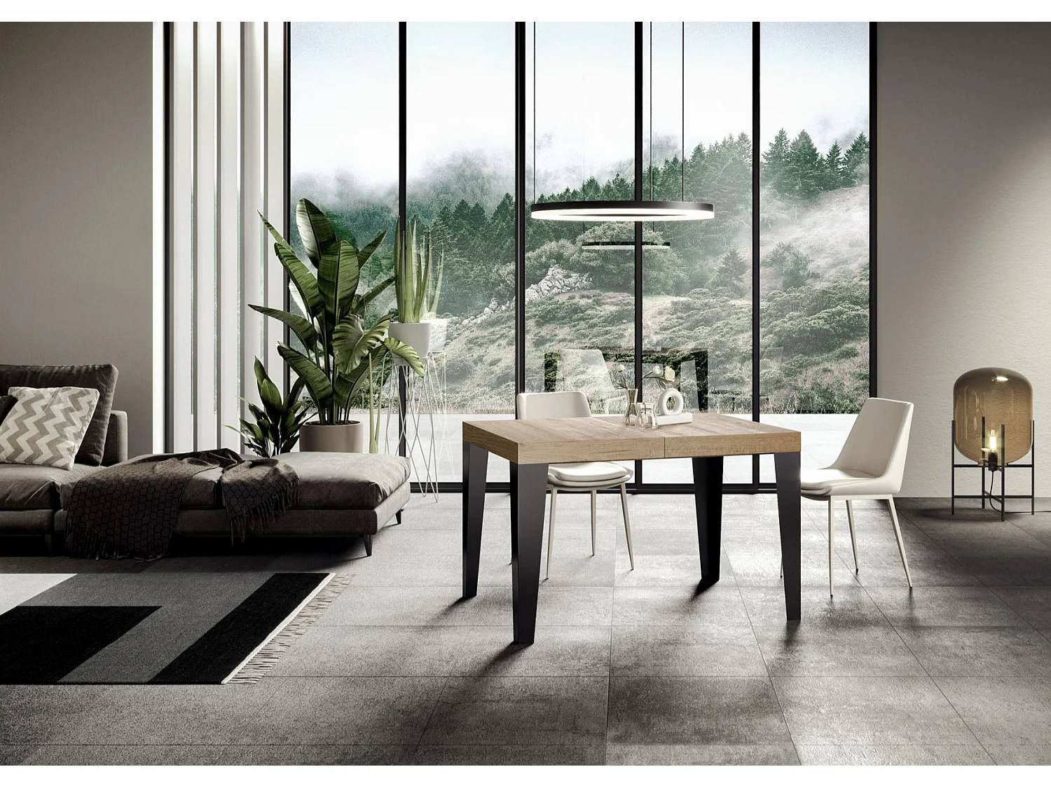 Mesa de comedor extensible Flavio-Color Natural-Base y soporte con ruedas-Alargaderas -Ancho extensible