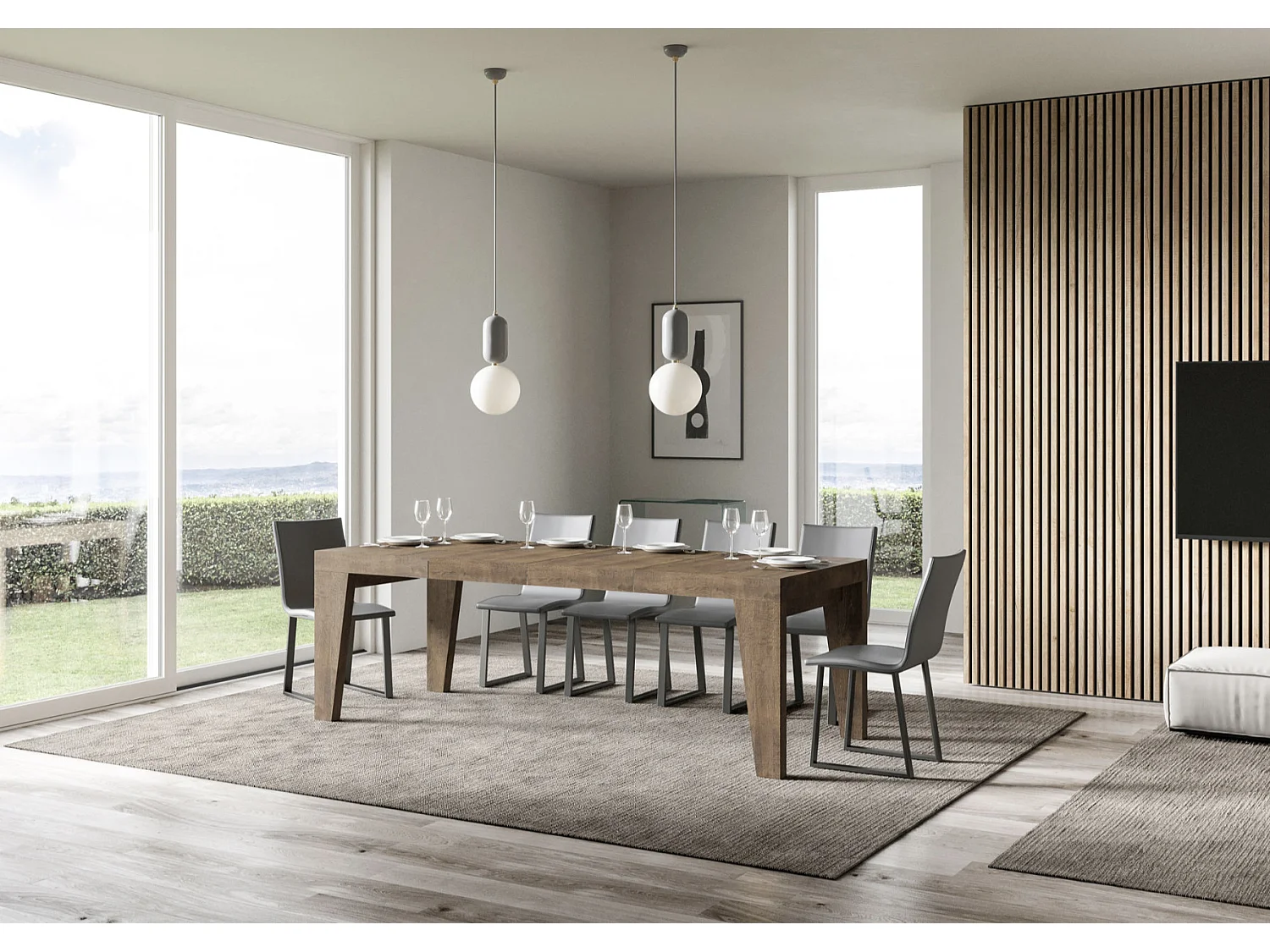 Mesa de comedor extensible de madera Naxo.-Color Marrón-Soporte 4 pies-Alargaderas -Ancho extensible