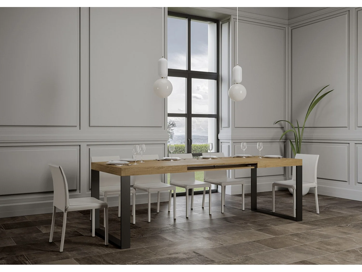 Table à manger extensible Tiroz-Couleur Naturel-4 pieds-2 rallonges fines-140 à 244cm