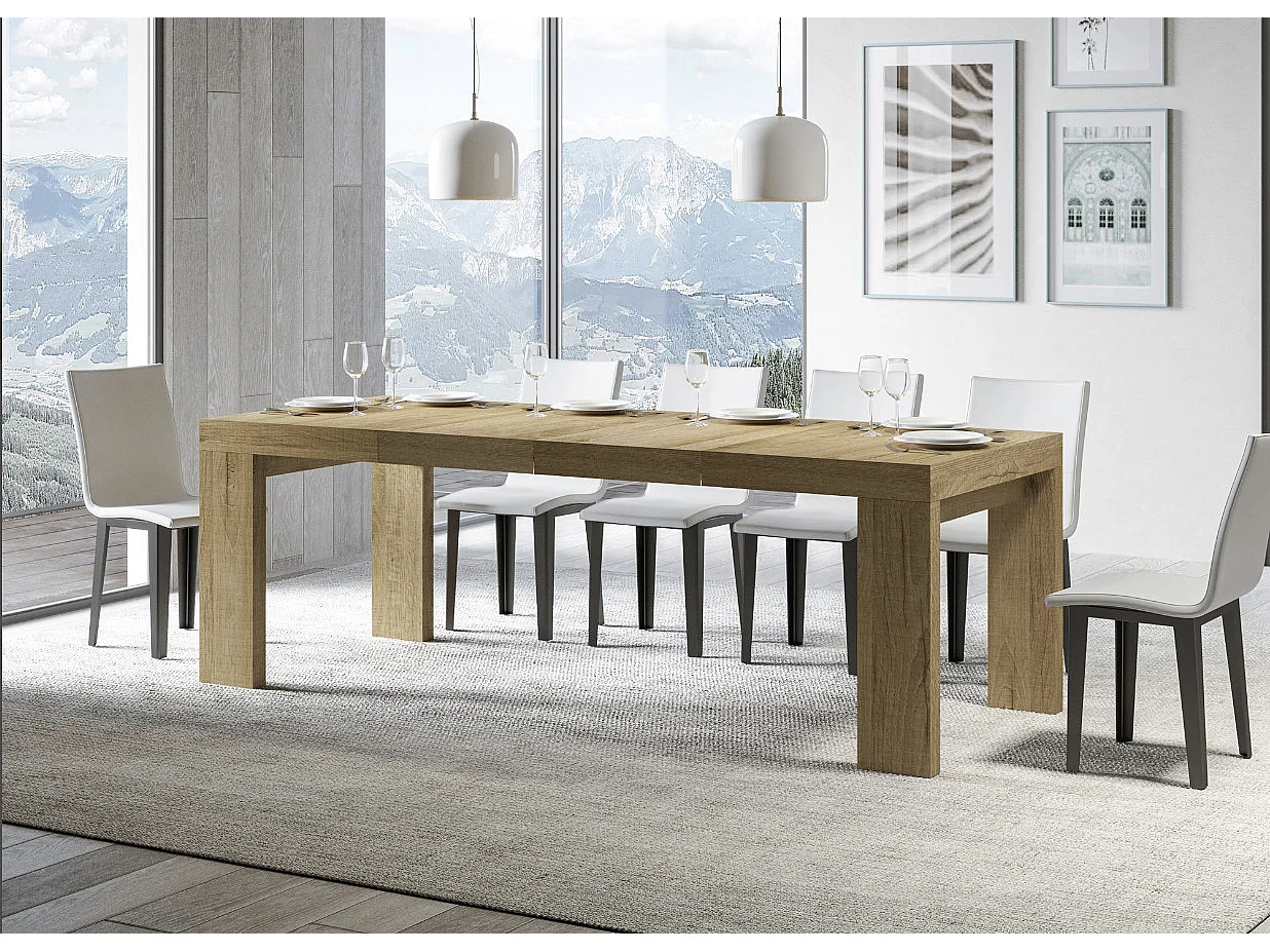 Table à manger extensible bois Ribo-Couleur Naturel-4 pieds-2 rallonges épaisses-130 à 234cm