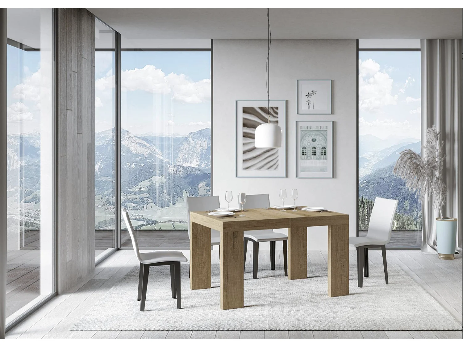 Table à manger extensible bois Ribo-Couleur Naturel-4 pieds-2 rallonges épaisses-130 à 234cm