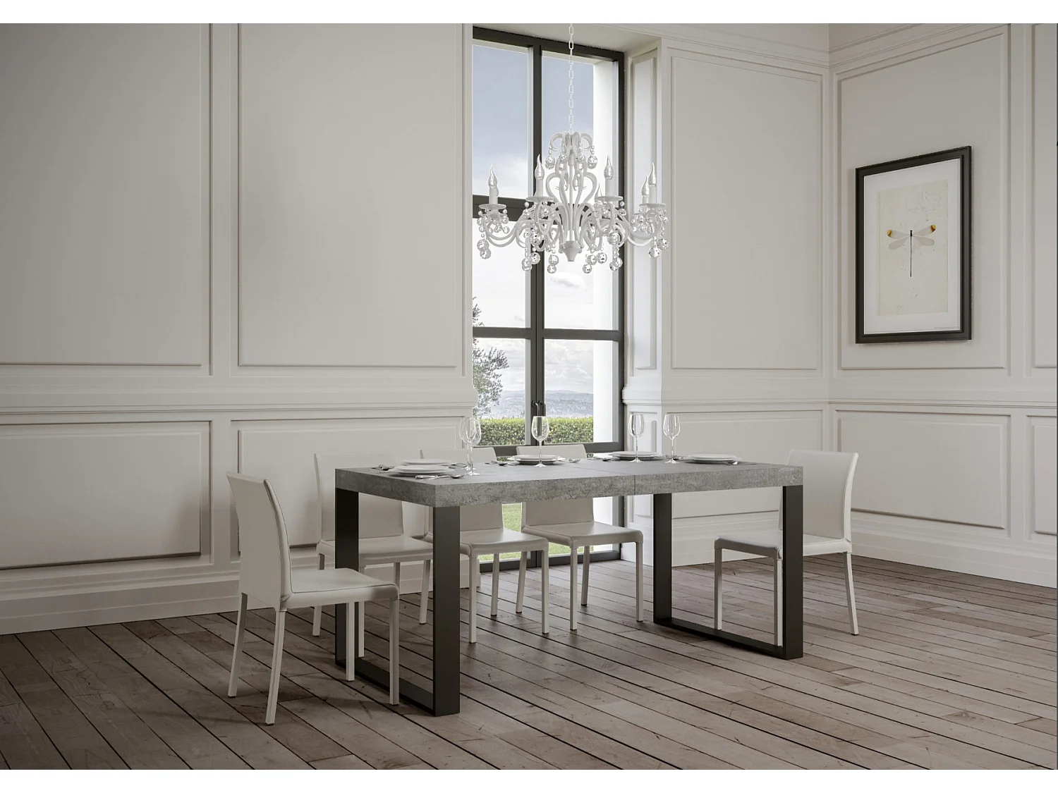 Table à manger extensible Tiroz-Couleur Gris ciment-4 pieds-2 rallonges épaisses-140 à 244cm