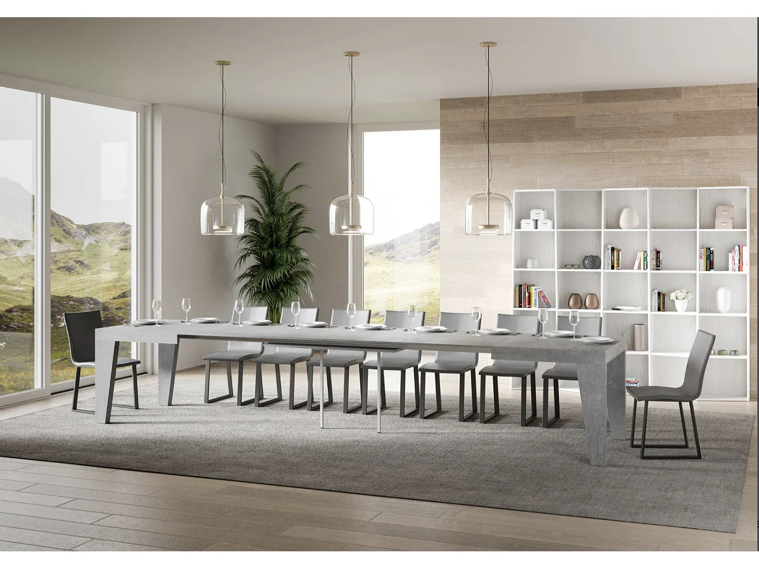 Table à manger extensible bois Naxo-Couleur Gris ciment-Sur roulettes-5 rallonges fines-130 à 390cm