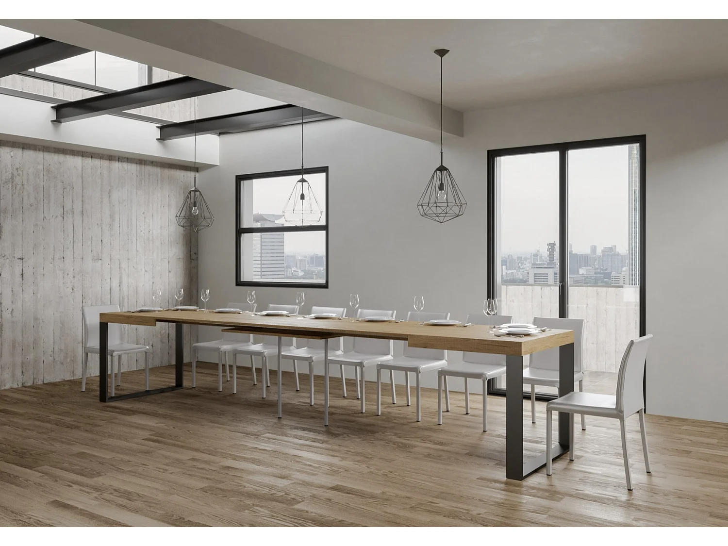 Table à manger extensible Tiroz-Couleur Naturel-4 pieds-5 rallonges fines-130 à 390cm