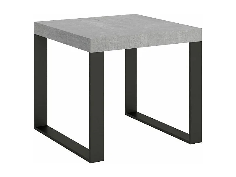 Mesa extensible cuadrada pequeña 90x90/246 cm Tiroz-Color Gris cemento-Base y soporte con ruedas-3 alargaderas finas