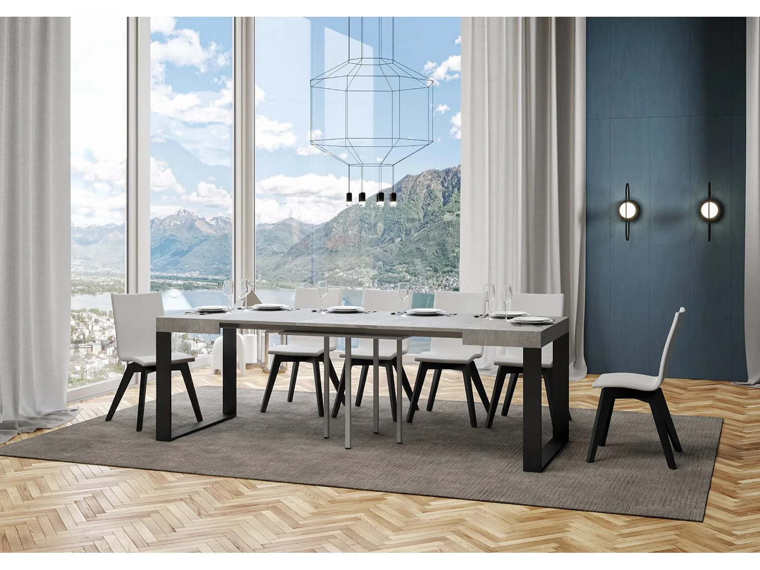 Kleine vierkante uitschuifbare tafel 90x90/246 cm Tiroz-Kleur Cementgrijs-Voet en steun op zwenkwielen-Verlengsnoeren 3 dunne verlengingen