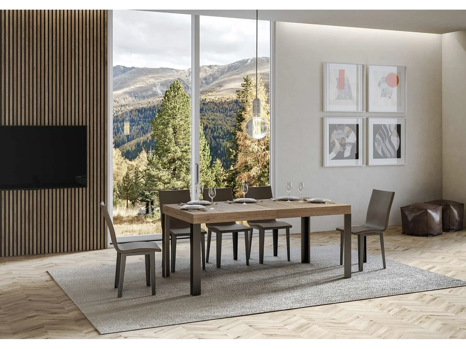 Table extensible bois pieds bois et acier anthracite Liva-Couleur Naturel-Sur roulettes-130 à 234cm